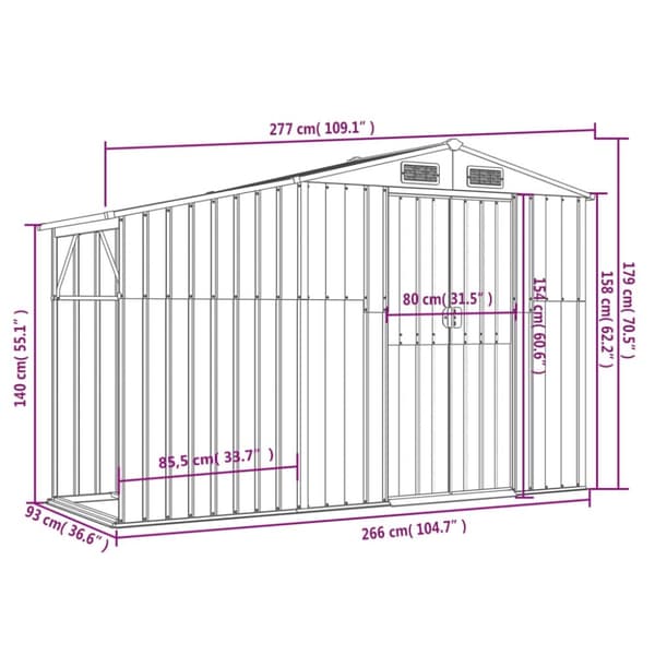 vidaXL haveskur 277x93x179 cm galvaniseret stål grå