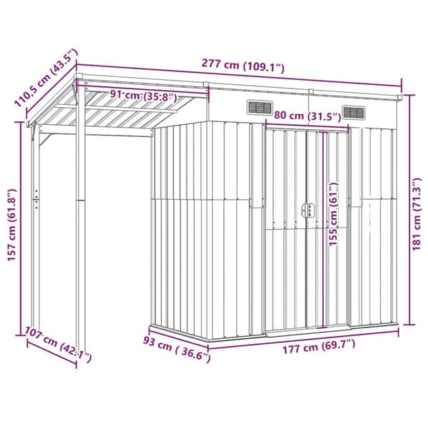 vidaXL Puutarhavaja lisäkatolla antrasiitti 277x110,5x181 cm teräs