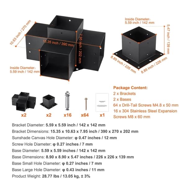 Pergola beslag kit, tung pligt, nem installation, 8 stk 6 x 6 tommer