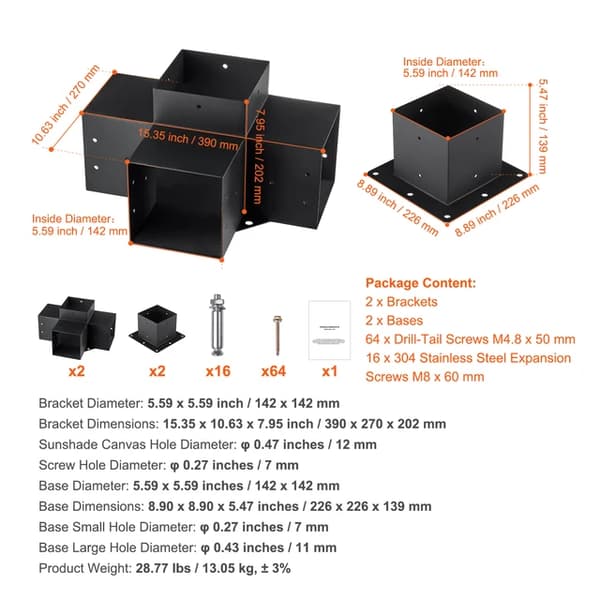 Pergola beslag kit, tung pligt, nem installation, 4 stk 6 x 6 tommer