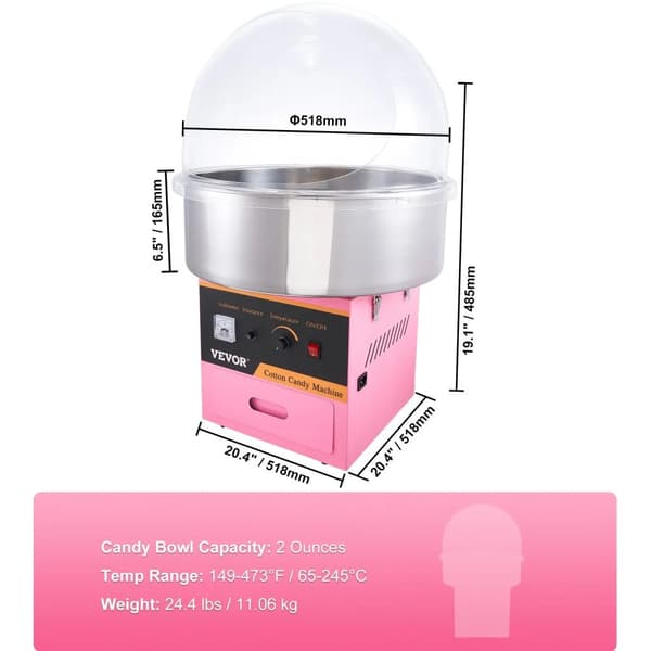 Elektrisk Candyflossmaskine, 1000W Effekt, 3,5 Ounce Kapacitet,Pink med cover