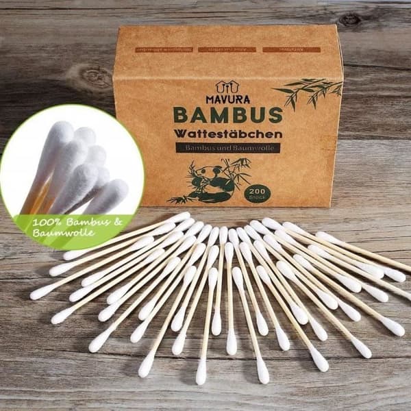 Bomullspinne dispenser - MAVURA - Bambus - 100% Biologiskt nedbrytbar - 400 stycken - Hållbar