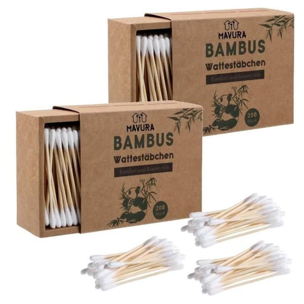 Bomullspinne dispenser - MAVURA - Bambus - 100% Biologiskt nedbrytbar - 400 stycken - Hållbar