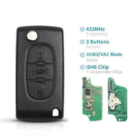 3-knapps nøkkel CE0523 433MHz ID46 chip VA2 for Peugeot