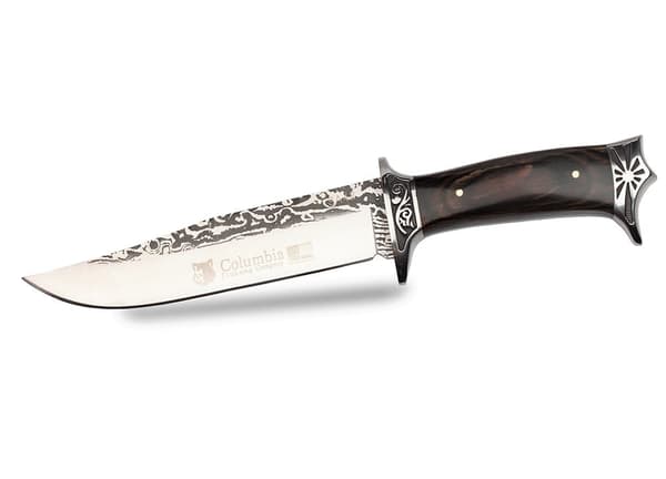 Stor N-182 Columbia jaktkniv med dekorativ gravyr och slida