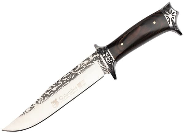 Stor N-182 Columbia jaktkniv med dekorativ gravyr och slida