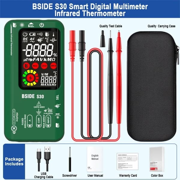 Digital Multimeter, Professionelt Niveau, Infrarød Termometer, BSIDE S30 grøn