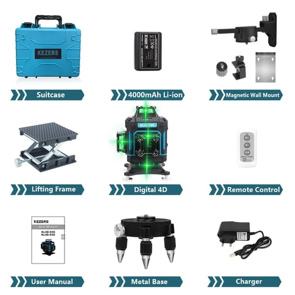 Laser-taso, 360 vihreää viivaa, itsetasaus, KL4D-03G