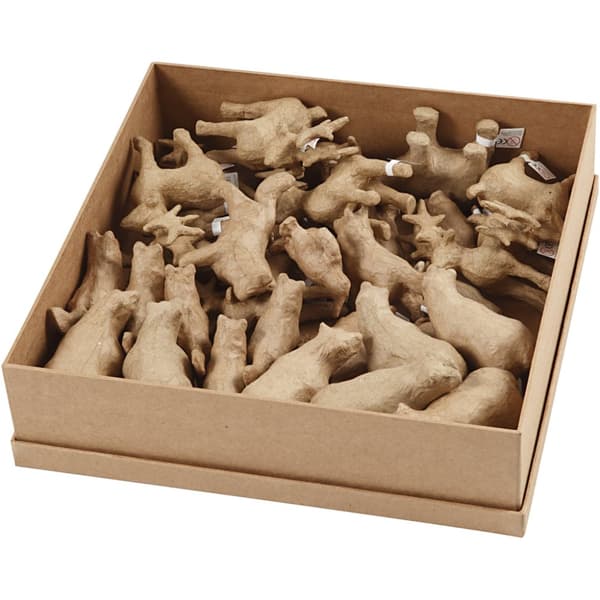 Papier-maché djur - H: 8-12,8 cm - L: 5,6-11,8 cm - 32 st