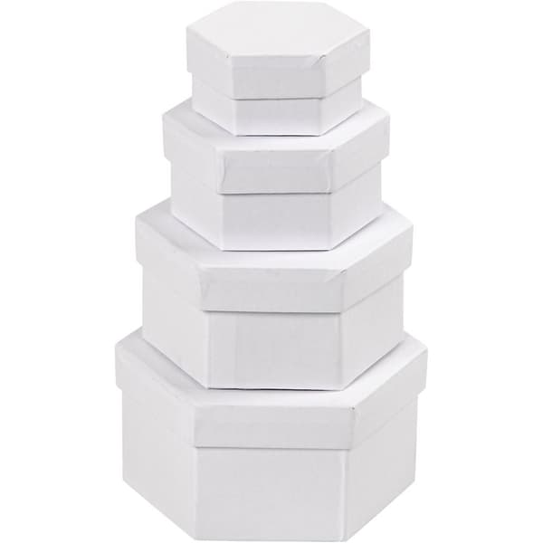 Sekskantede Æsker, H: 4+5+6+7 cm, diam. 6,5+8+10+12 cm, hvid, 4 stk./ 1 sæt