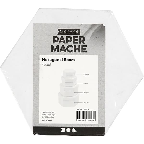 Sekskantede Æsker, H: 4+5+6+7 cm, diam. 6,5+8+10+12 cm, hvid, 4 stk./ 1 sæt