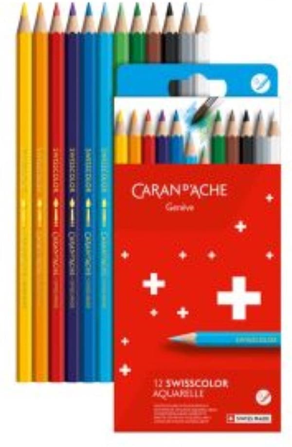 CARAN D'ACHE Swisscolor Aquarelle färgpennor, kartong om 12, vattenlöslig, gjord av cederträ, sexkantigt skaft, - 1 st (1285.812)