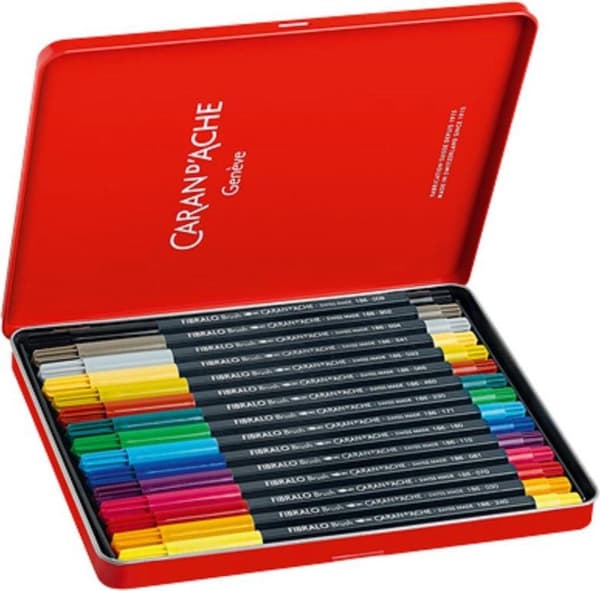 CARAN D'ACHE fiberpenna FIBRALO Borste, metallfodral med 15 st, flexibel och robust borstspets, fjädrar efter varje användning - 5 stycken (186.315)