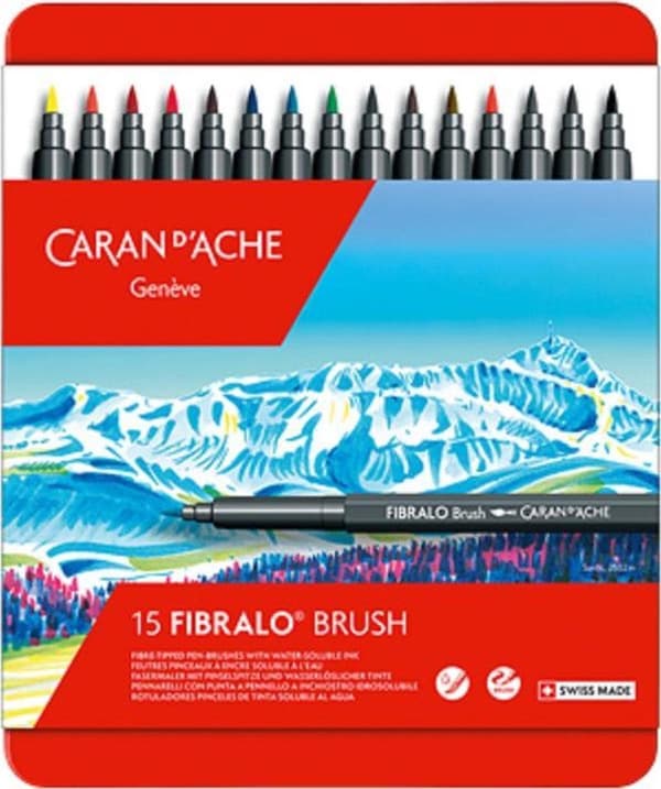 CARAN D'ACHE fiberpen FIBRALO Børste, metalkasse af 15, fleksibel og robust børstespids, fjedre efter hver brug - 5 stk. (186.315)