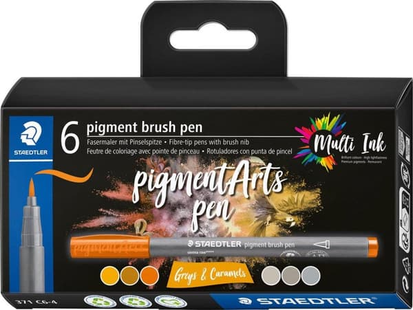 STAEDTLER kuitukynän pigmenttiharjakynä "Greys & Caramels" siveltimen kärki, monimuste, pysyvä ja vedenpitävä, - 1 kpl (371 C6-4)