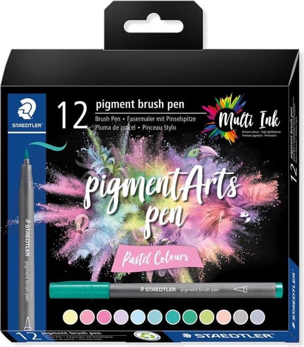 STAEDTLER fiber pen pigment pensel pen "Pastel Colours" børstespids, multi ink blæk, permanent og vandtæt, - 1 stk (371 C12-2)