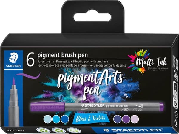 STAEDTLER kuitukynän pigmenttiharjakynä "Blues & Violets" siveltimen kärki, monimuste, pysyvä ja vedenpitävä, - 1 kpl (371 C6-2)