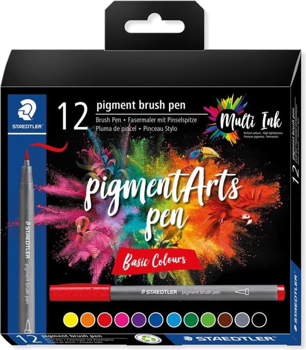 STAEDTLER fiber pen pigment pensel pen "Basic Colours" børstespids, multi ink blæk, permanent og vandtæt, - 1 stk (371 C12-1)