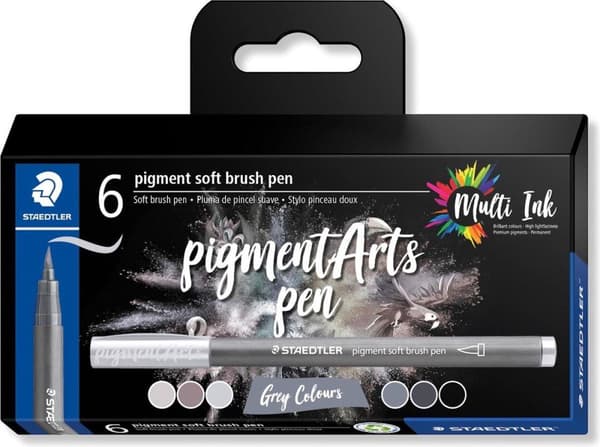 STAEDTLER fiber pen pigment blød børstepen "Grey Colours" blød børstespids, multi-ink blæk, permanent og vandtæt, - 1 stk (372 C6)