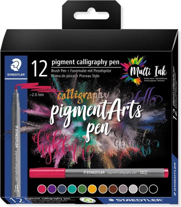 STAEDTLER fiber pen pigment kalligrafi pen, etui med 12 kalligrafi spids, linjebredde: 2 mm, multi-blæk blæk, - 1 stk (375 C12)