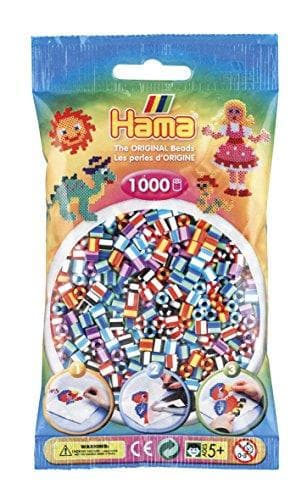 Hama Beads 207-90 Fuse Beads Bag med ca 1 000 midi pysselpärlor med en diameter på 5 mm randiga i en blandning, kreativt pyssel kul för stora och små