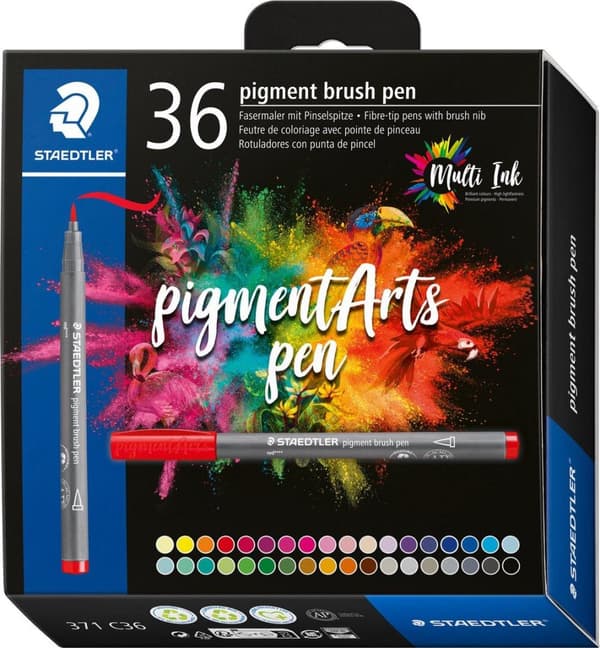 STAEDTLER fiberpenna pigment penselpenna, kartong med 36 st, borstspets, multi-bläck, permanent & vattentät, - 1 st (371 C36)