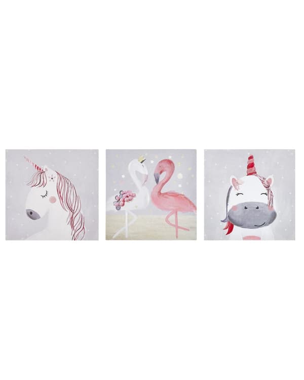 Set av 3 Konsttryck Grå och Rosa Polyester Tavla 30 x 30 cm Monterade Krokar Barnrum