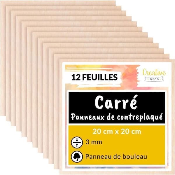 Fyrkantig plywood 200 x 200 x 3 mm - KREATIV DECO - Set med 12 paneler - Beige - Hantverk