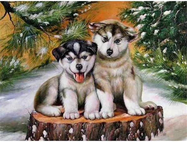 Diamond Painting / Diamantmålning 30x40cm - Hundar Vinter Snö Julafton