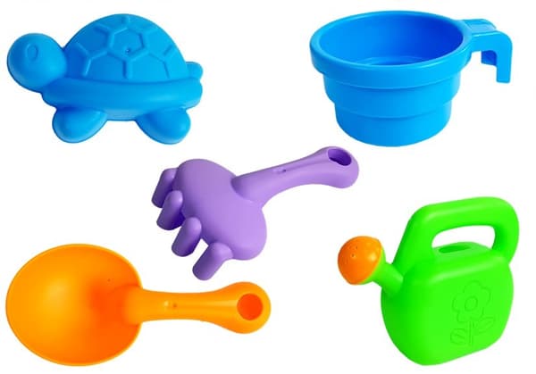Sandkassebord, Sandforme, Spatler, Vandkande