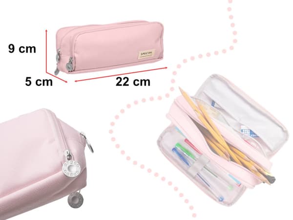 Kolmen lokeron koulupenaali, 3-in-1 kosmetiikkalaukku, pinkki