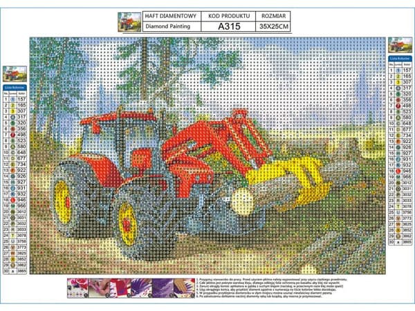 Diamantbroderi, Billede, Diamantmosaik Diamantmaleri, TRAKTOR MED GRIPPER 35x25cm
