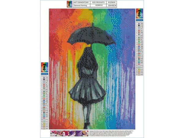 Diamantbroderi, Billede, Diamantmosaik Diamantmaleri, FIGUR I FARVERIG REGN 30x40cm