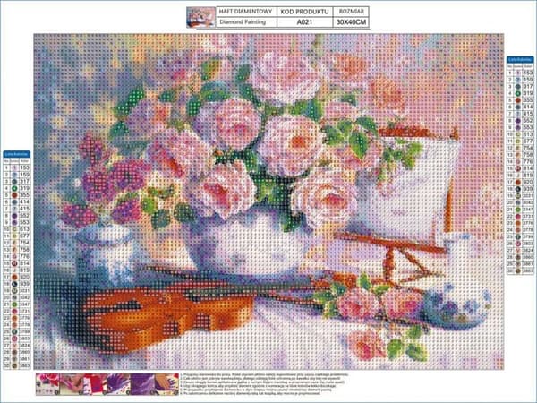 Diamantbroderi, Bild, Diamantmosaik Diamantmålning, BLOMMEBUKETT, VIOLIN 40x30cm