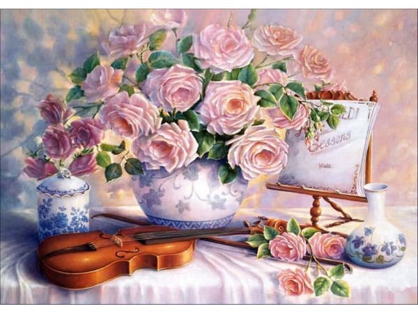 Diamantbroderi, Bild, Diamantmosaik Diamantmålning, BLOMMEBUKETT, VIOLIN 40x30cm