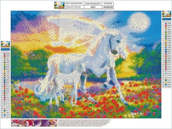 Diamantbroderi, bild, diamantmosaik diamantmålning, TVÅ ENHÖRNINGAR 40x30cm