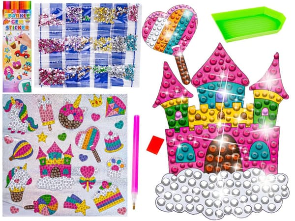 Diamantbroderi Mosaik Diamantklistermærker UNICORNS CASTLE SWEETS Sæt med 23 klistermærker
