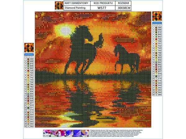 Diamantbroderi, Billede, Diamantmosaik Diamantmaleri, HESTE - SOLNEDGANG 30x30cm