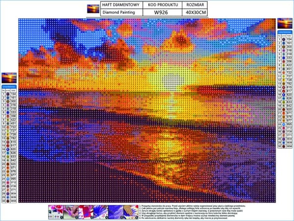 Diamantbroderi, bild, diamantmosaik diamantmålning, SOLNEDGÅNG - STRAND 40x30cm