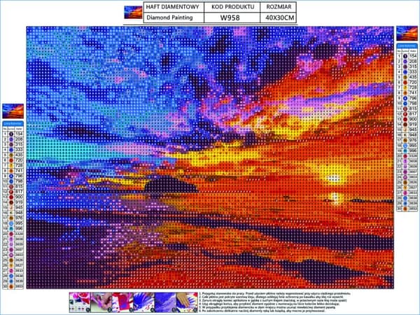 Diamantbroderi, Billede, Diamantmosaik Diamantmaleri, SOLNEDGANG - OCEAN 40x30cm