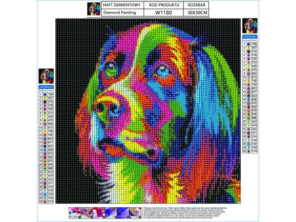 Diamantbroderi, Billede, Diamantmosaik Diamantmaleri, HUND - FARVE 30x30cm