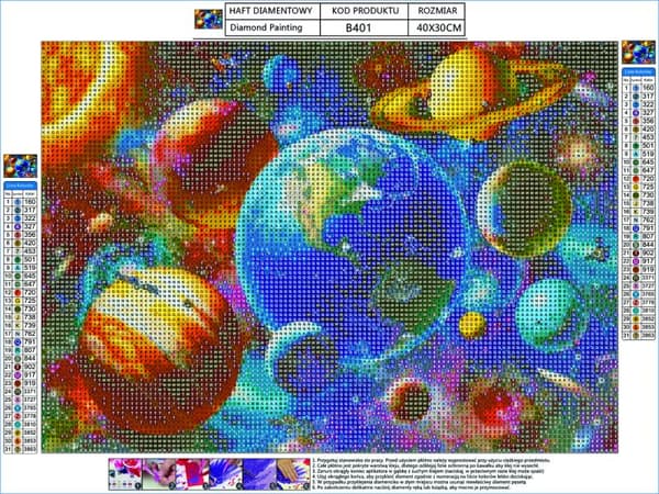 Diamantbroderi, Billede, Diamantmosaik Diamantmaleri, RUM, SOLARSYSTEM 40x30cm