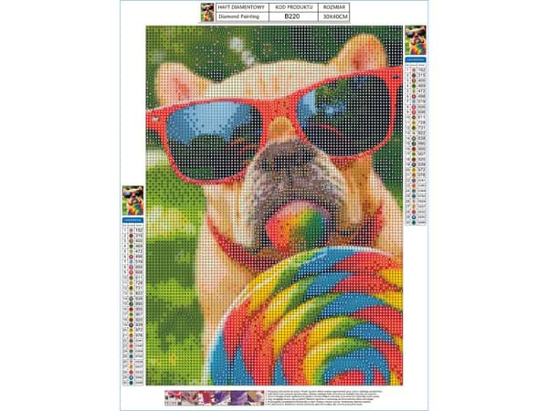 Diamantbroderi, Billede, Diamantmosaik Diamantmaleri, HUND MED BRILLER 30x40cm