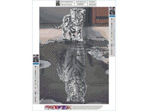 Diamantbroderi, Bild, Diamantmosaik Diamantmålning, SPEGELBILD - TIGERKATTunge 30x40cm