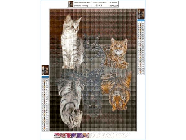 Diamantbroderi, Billede, Diamantmosaik Diamantmaleri, SPEJLBILLEDE - TRE KATTE 30x40cm