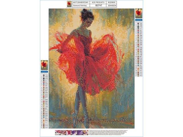 Diamantbroderi, Billede, Diamantmosaik Diamantmaleri, BALLETKJOLE I RØD 30x40cm