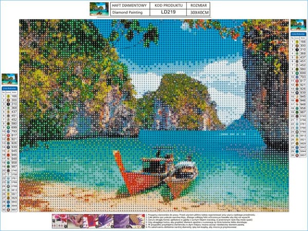 Diamantbroderi, Billede, Diamantmosaik Diamantmaleri, BÅDE PÅ STRANDEN 40x30cm