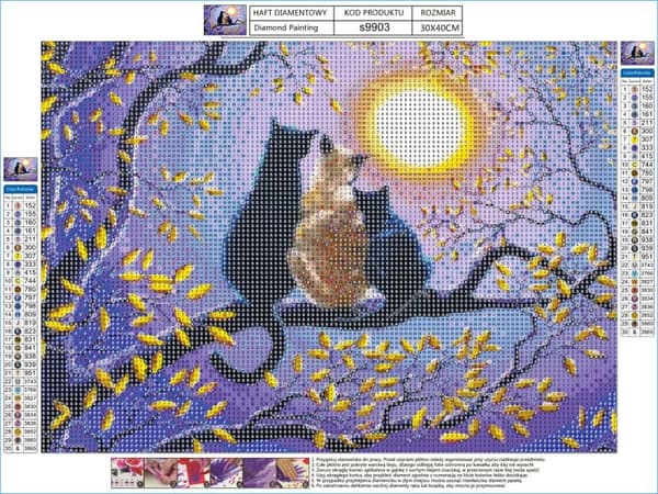 Diamantbroderi, Billede, Diamantmosaik Diamantmaleri, KATTEFAMILIE PÅ ET TRÆ 40x30cm