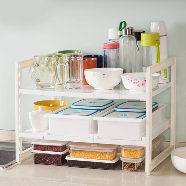 Justerbar Under-Sink Organizer, 2-Lags Skydende Kasser, Holdbar Polypropylen,Hvid