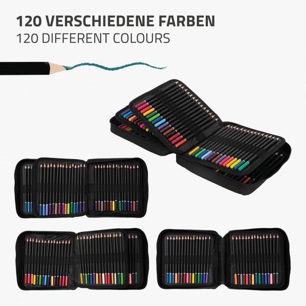 Set med 120 färgpennor i svart plastfodral med dragkedja